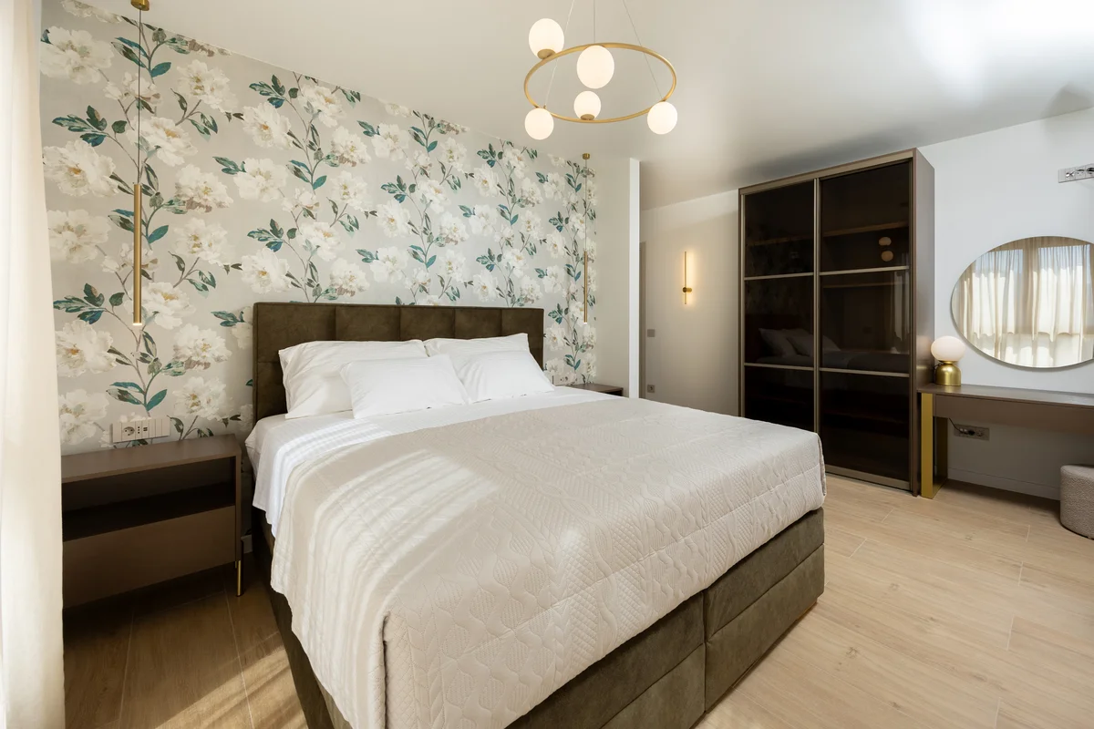 a bedroom with a large bed